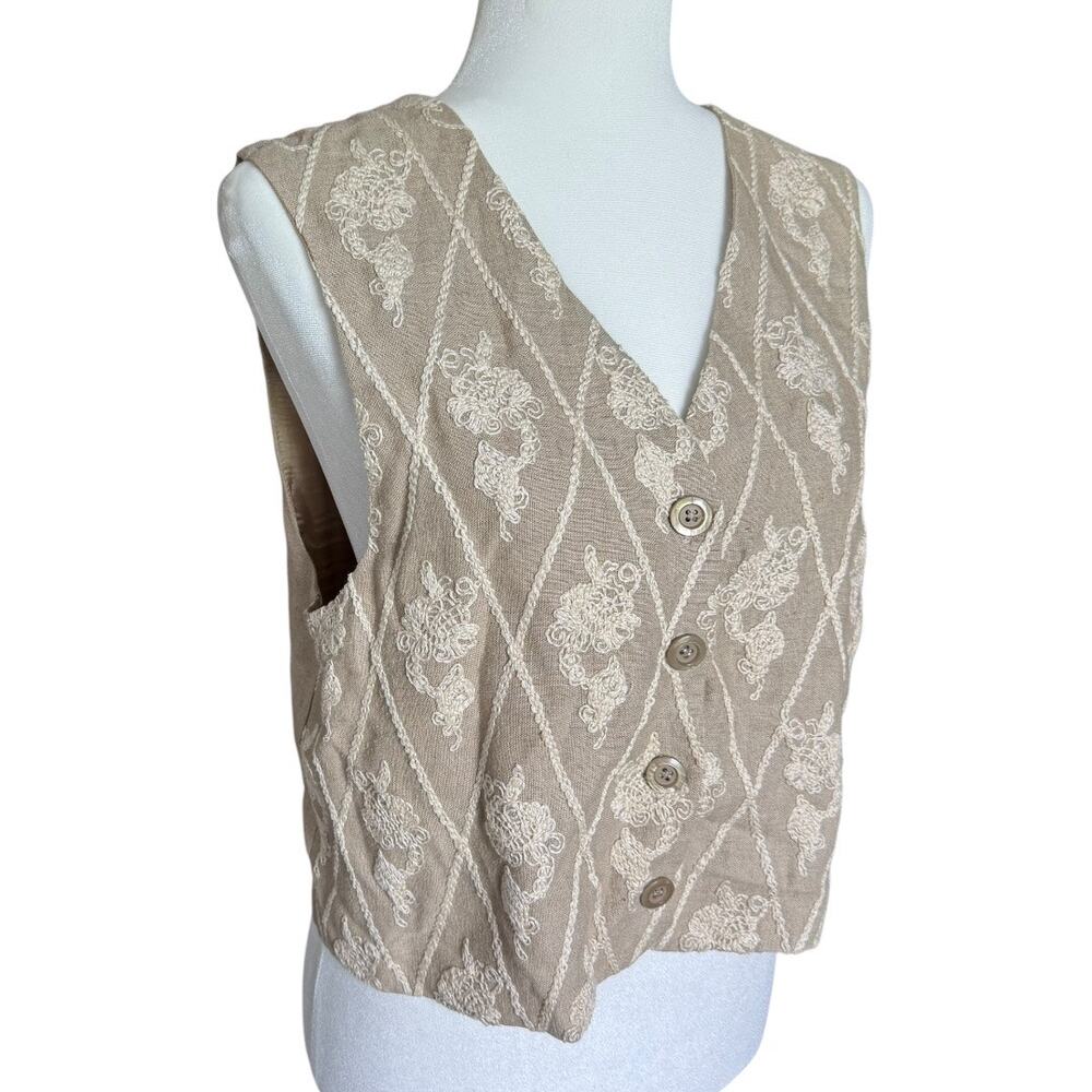 Vintage Express Embroidered Vest M Linen Blend Beige Diamond Floral USA